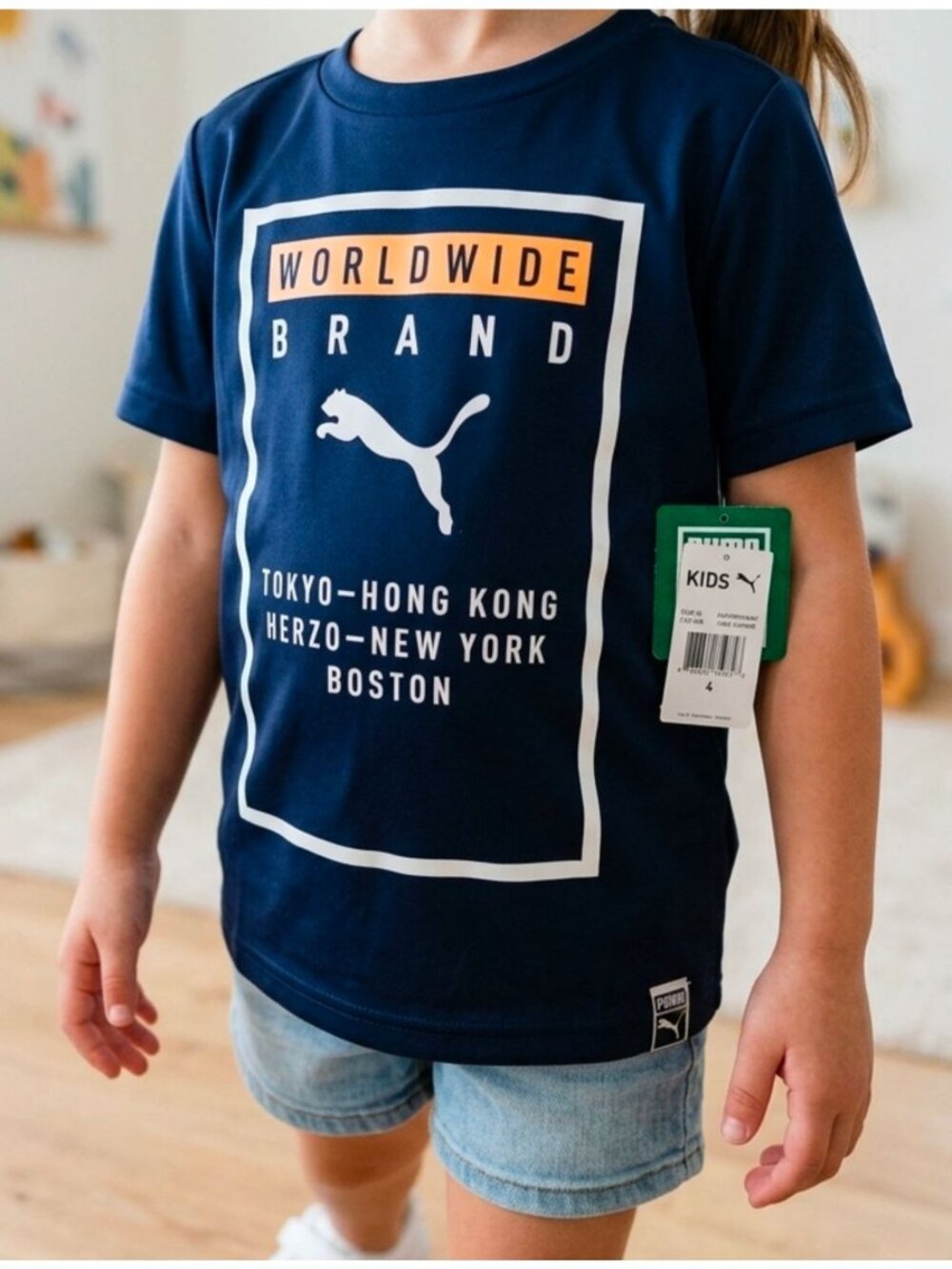 Puma Kids Navy Blue "Worldwide Brand" Graphic T-Shirt Short Sleeve Lightweight C